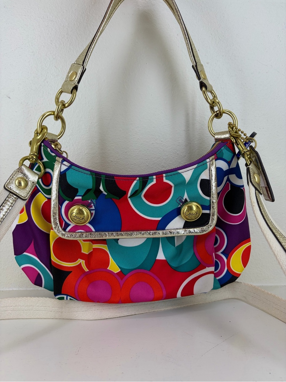 Coach Multicolor Circle-Print Shoulder Bag with Gold Hardware